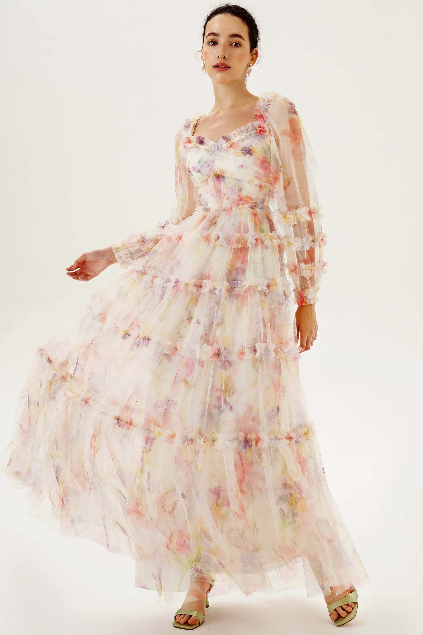 Floral Long Sleeve Ruffle Hem Maxi Dress Pink
