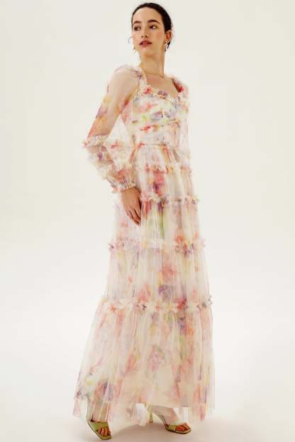 Floral Long Sleeve Ruffle Hem Maxi Dress Pink