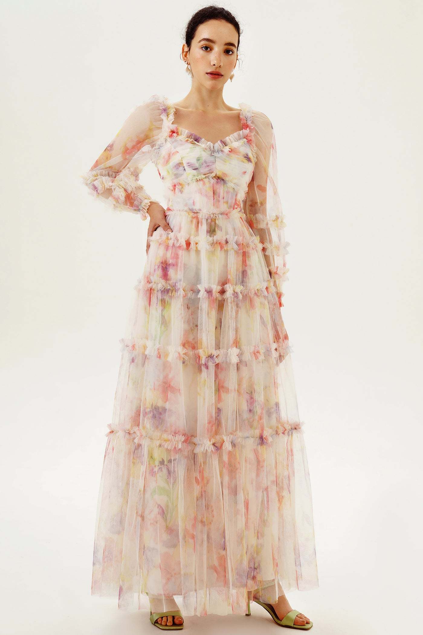 Floral Long Sleeve Ruffle Hem Maxi Dress Pink