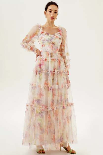 Floral Long Sleeve Ruffle Hem Maxi Dress Pink