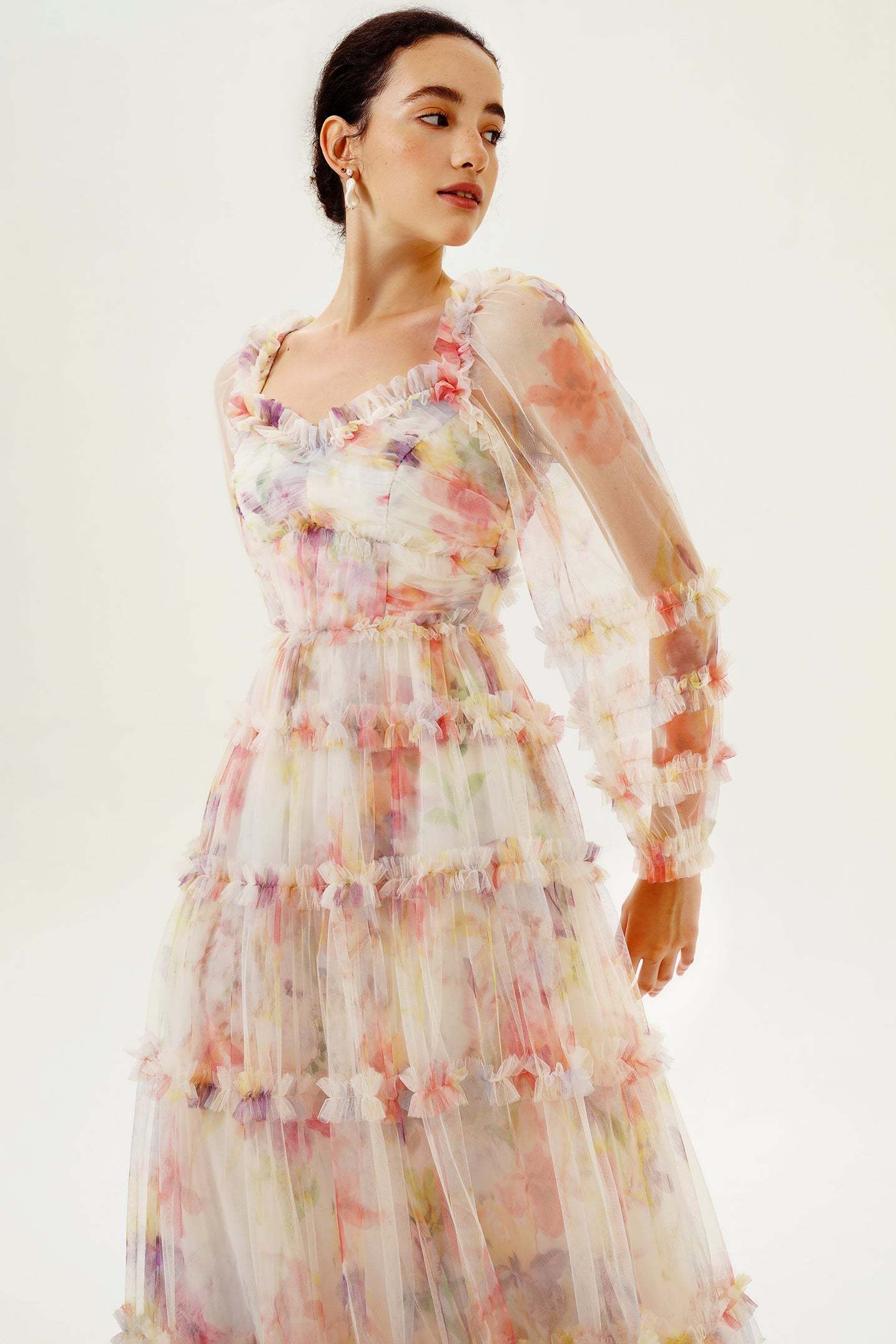 Floral Long Sleeve Ruffle Hem Maxi Dress Pink