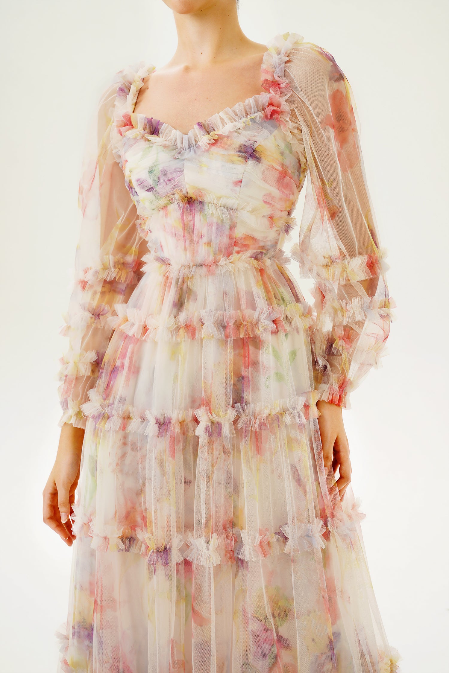 Floral Long Sleeve Ruffle Hem Maxi Dress Pink