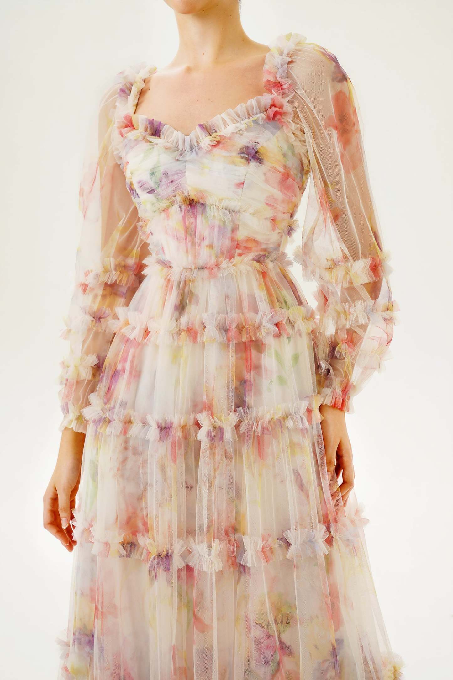 Floral Long Sleeve Ruffle Hem Maxi Dress Pink