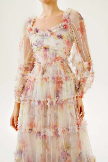 Floral Long Sleeve Ruffle Hem Maxi Dress Pink