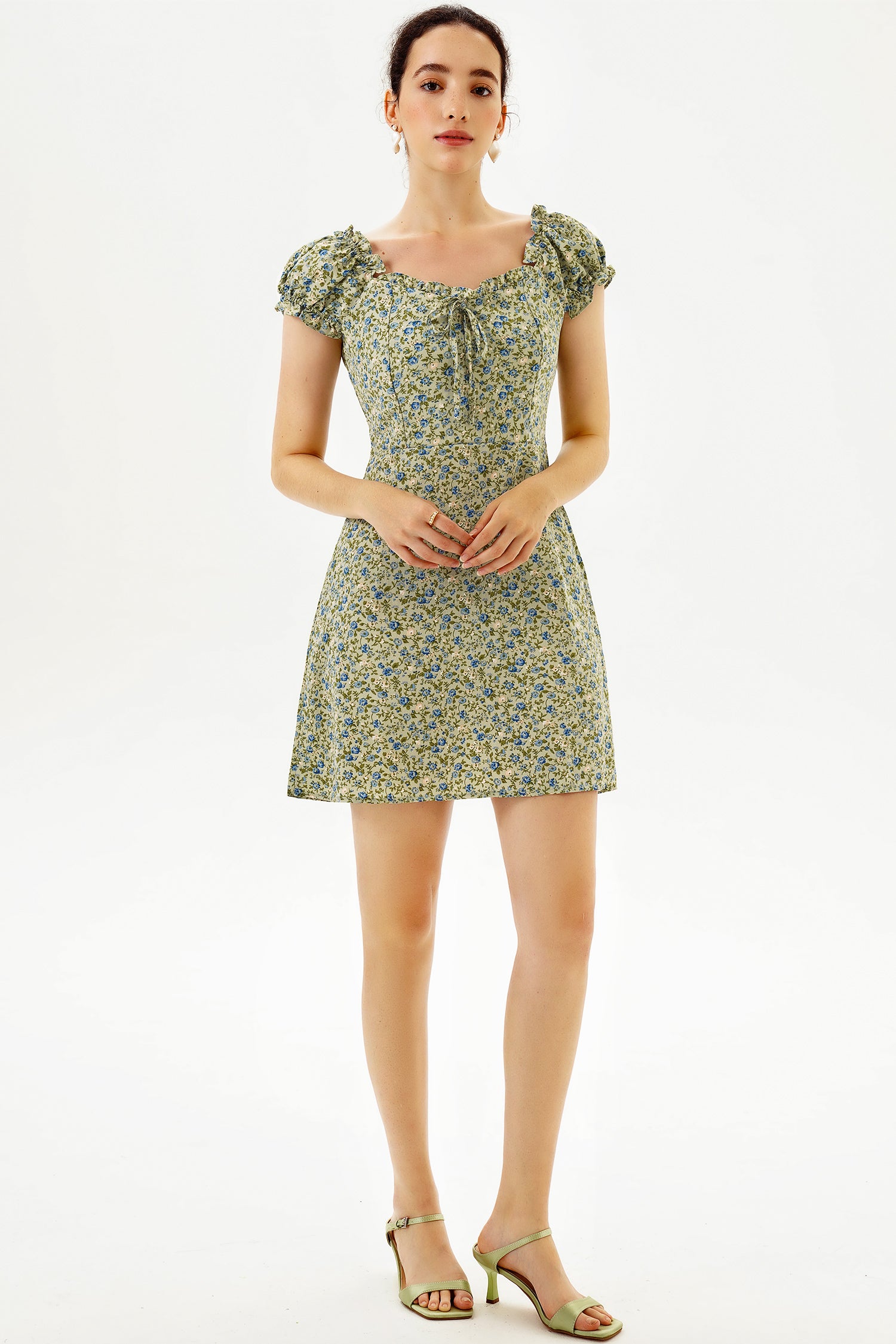 Short Sleeve U-Neck Print Mini Dress Green