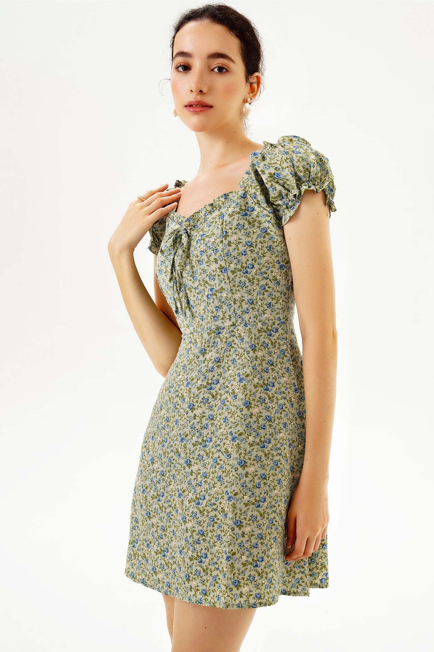 Short Sleeve U-Neck Print Mini Dress Green