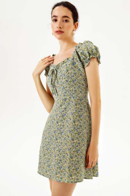 Short Sleeve U-Neck Print Mini Dress Green