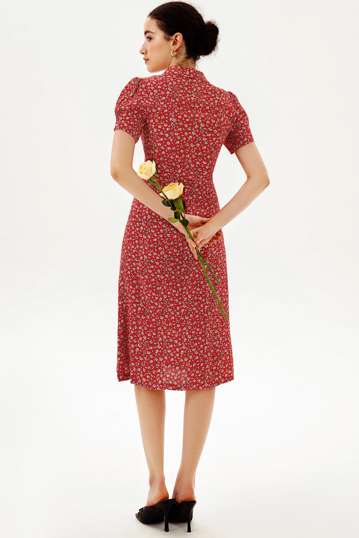 Puff Sleeve Lapel Print Midi Dress Red