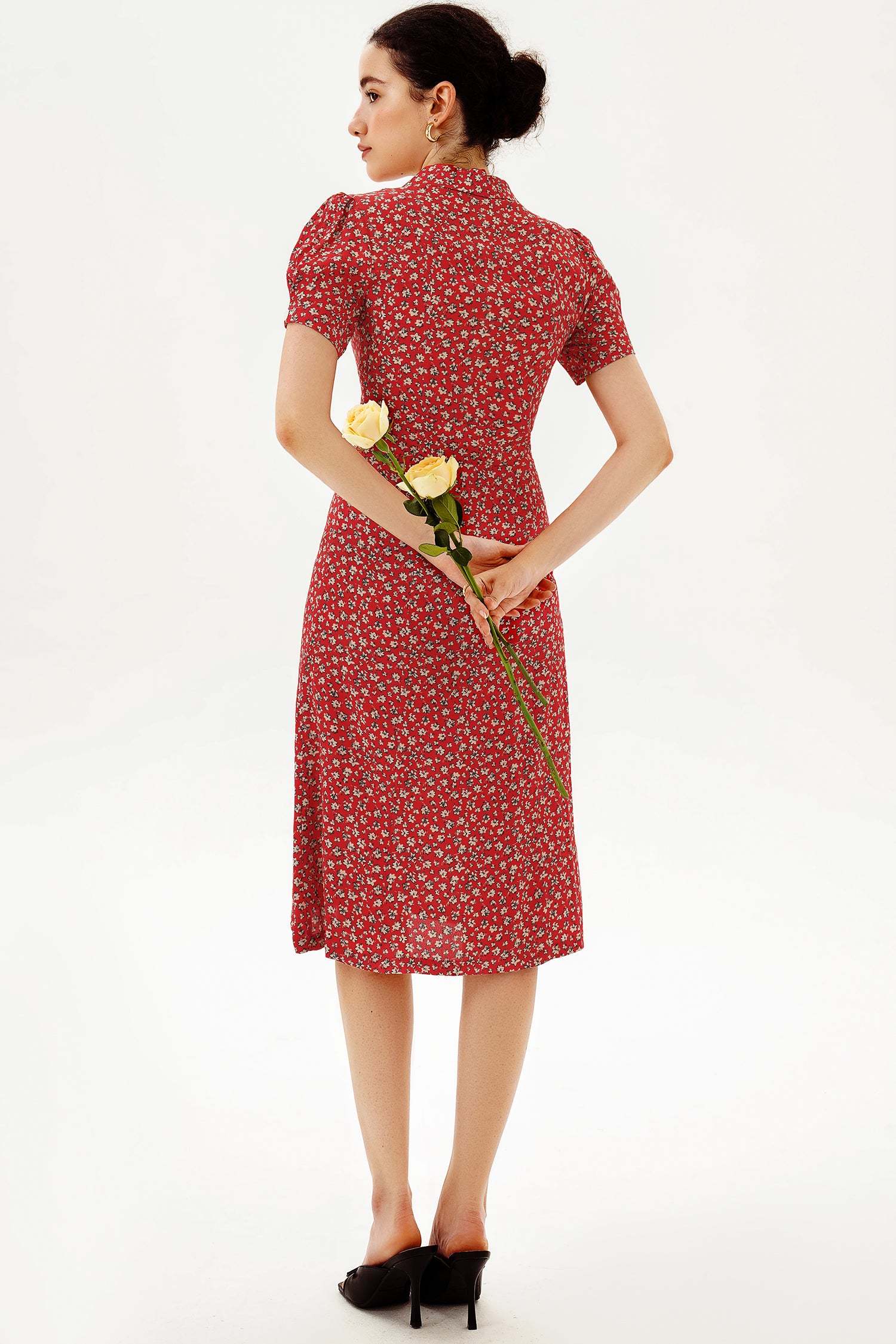 Puff Sleeve Lapel Print Midi Dress Red