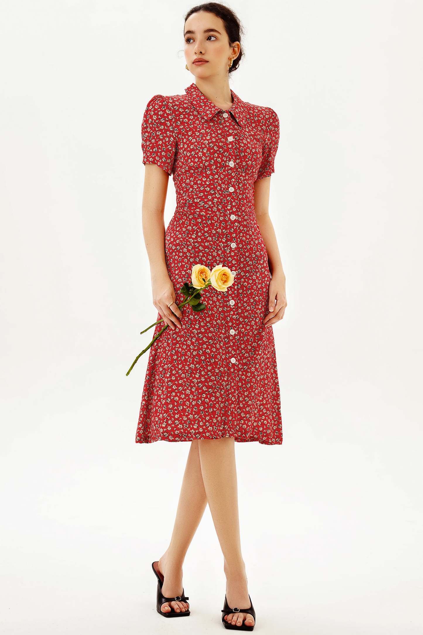 Puff Sleeve Lapel Print Midi Dress Red
