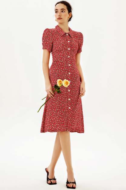 Puff Sleeve Lapel Print Midi Dress Red