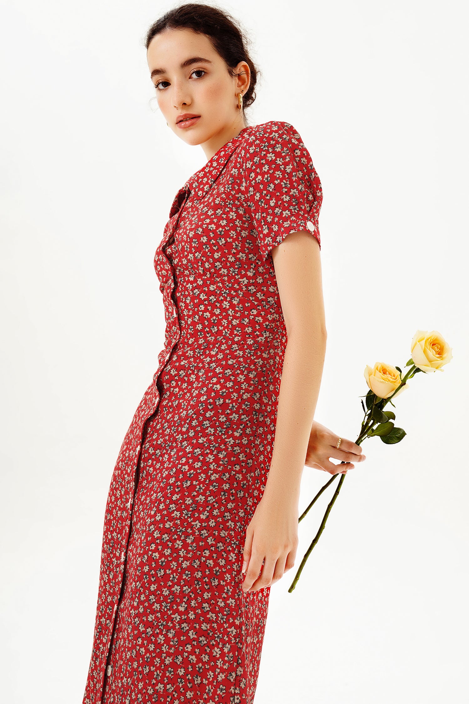 Puff Sleeve Lapel Print Midi Dress Red