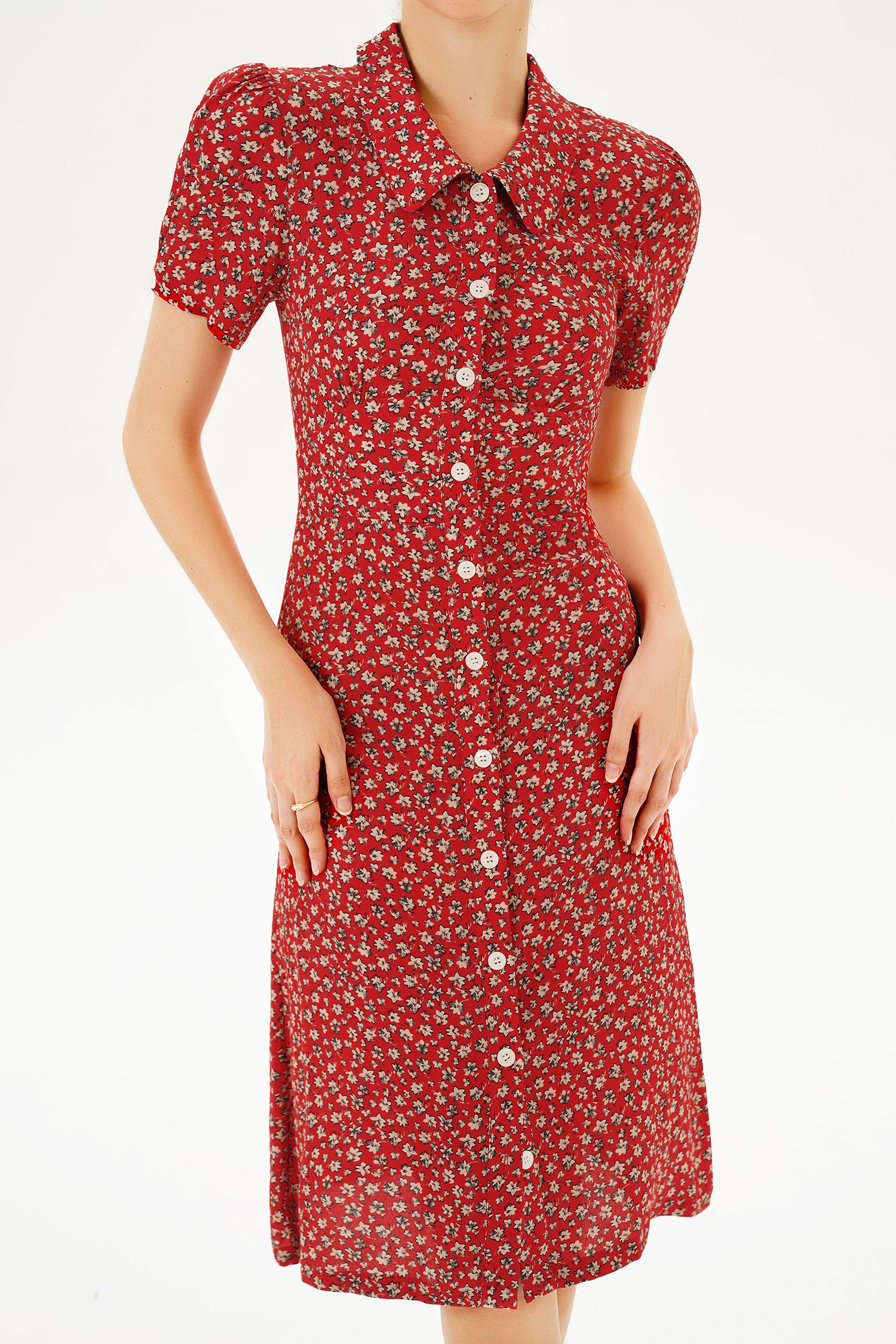 Puff Sleeve Lapel Print Midi Dress Red