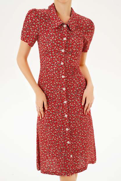 Puff Sleeve Lapel Print Midi Dress Red