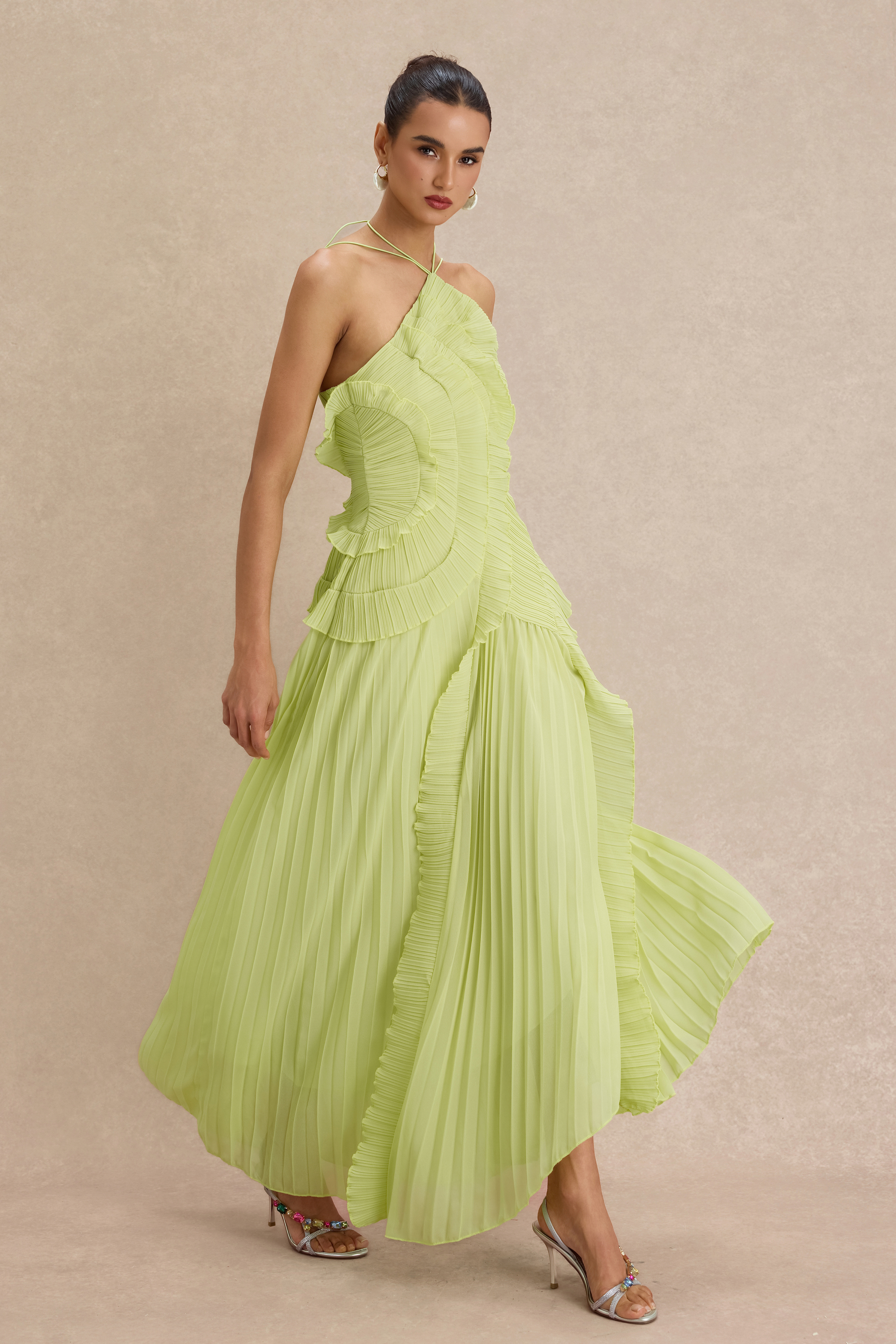 Pleated Frill Halter Neck Midi Dress