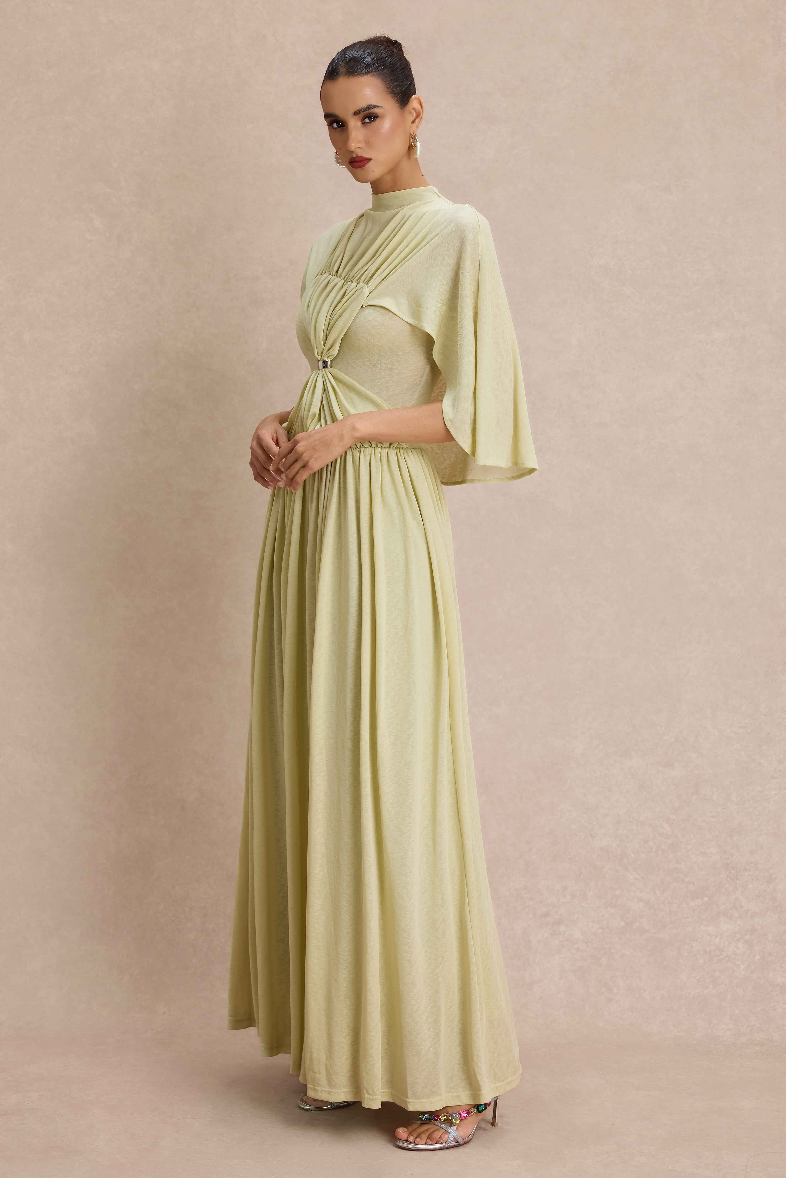 Gathering Metal Decorations Cape Sleeve Maxi Dress