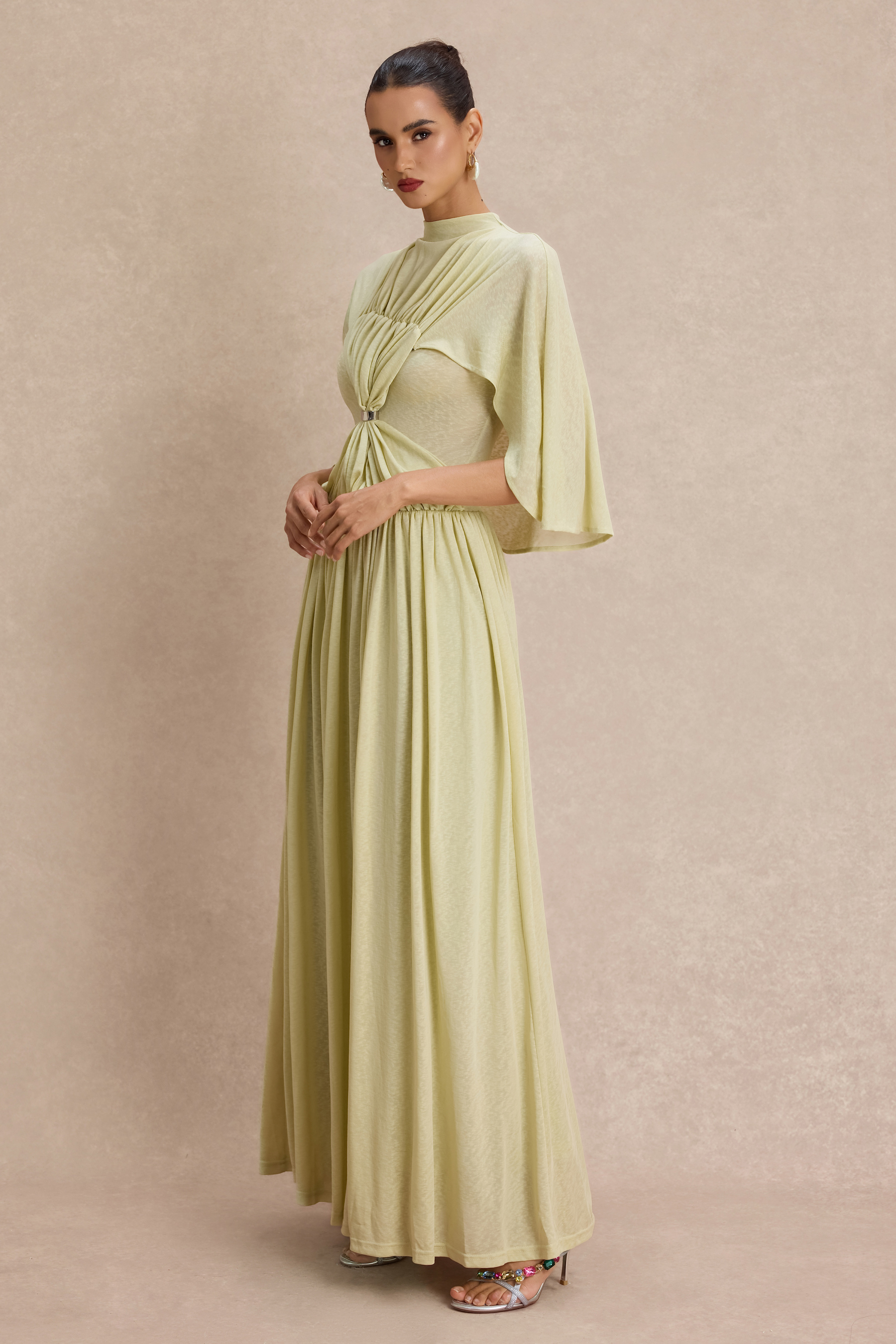 Gathering Metal Decorations Cape Sleeve Maxi Dress