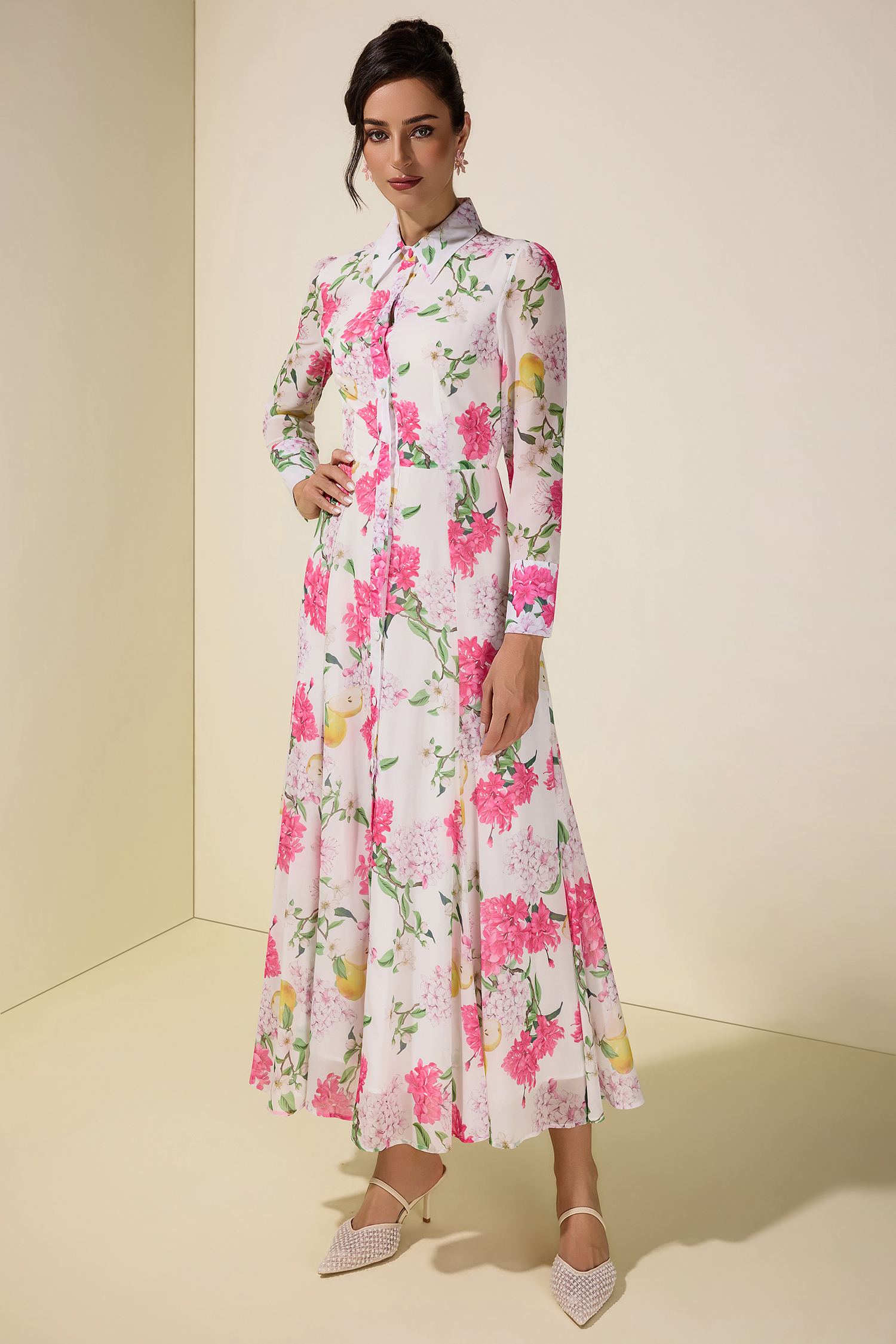 Floral Single Breasted Long Sleeve Midi Dress