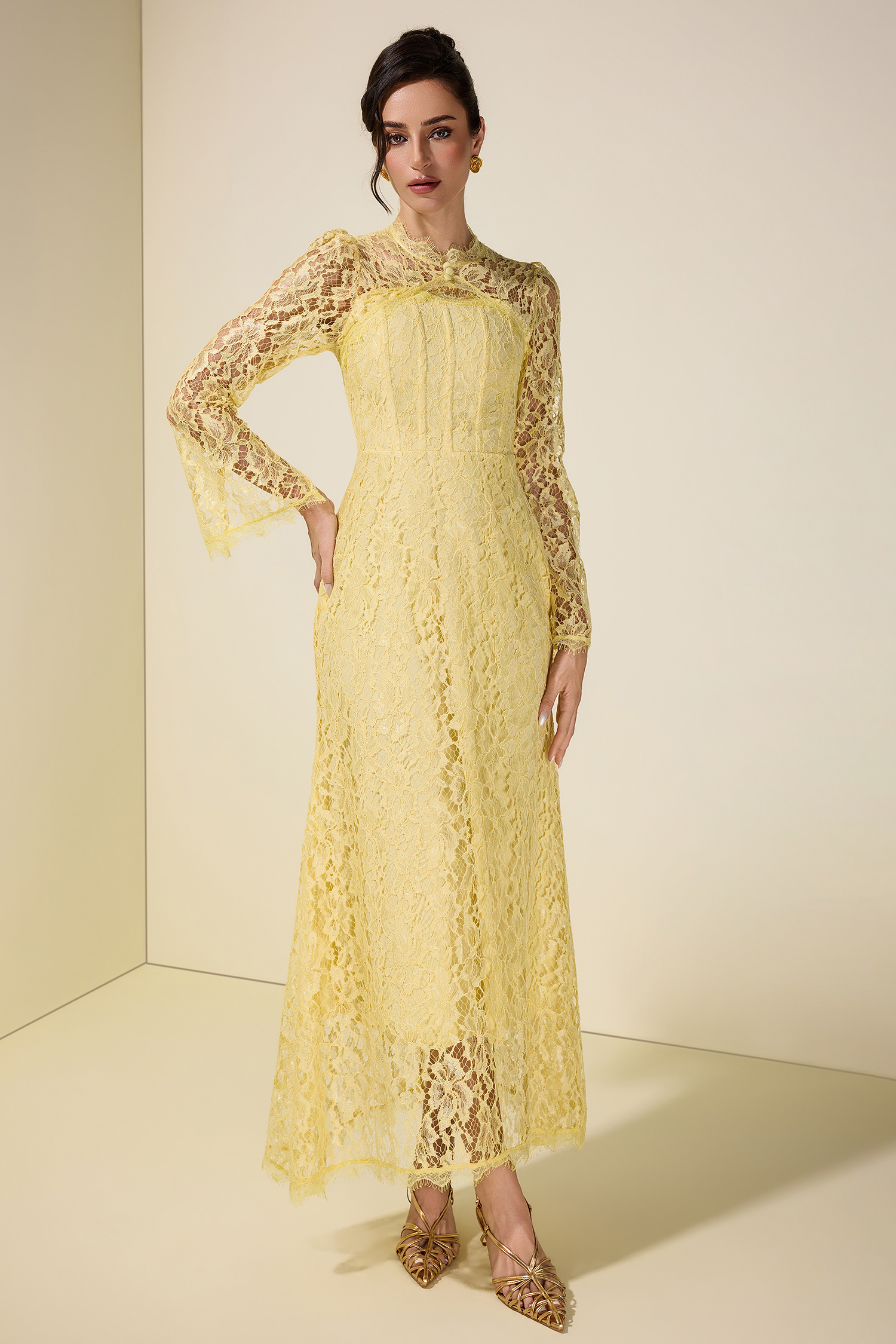 Lace Tie-Up Long Sleeve Maxi Dress