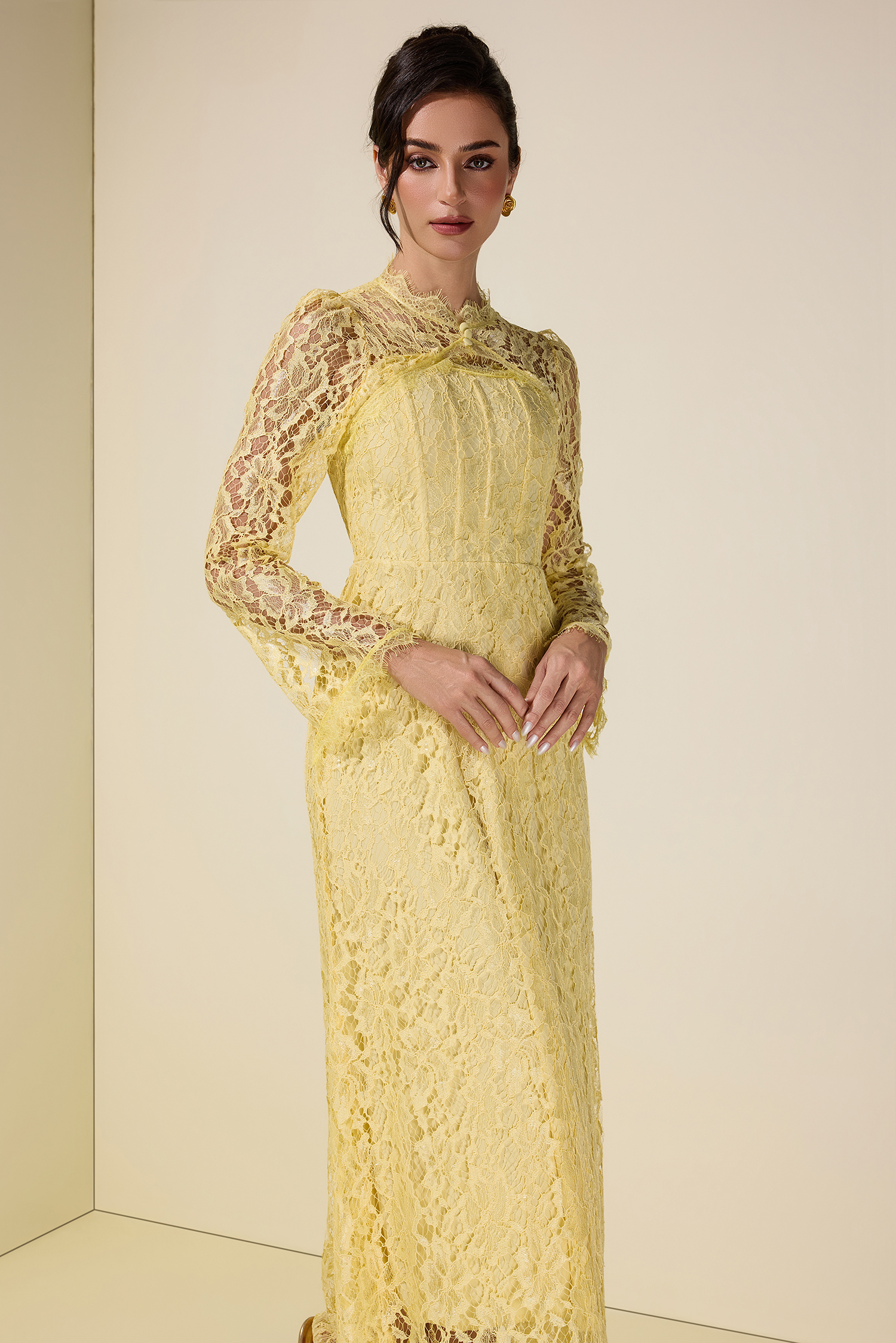 Lace Tie-Up Long Sleeve Maxi Dress