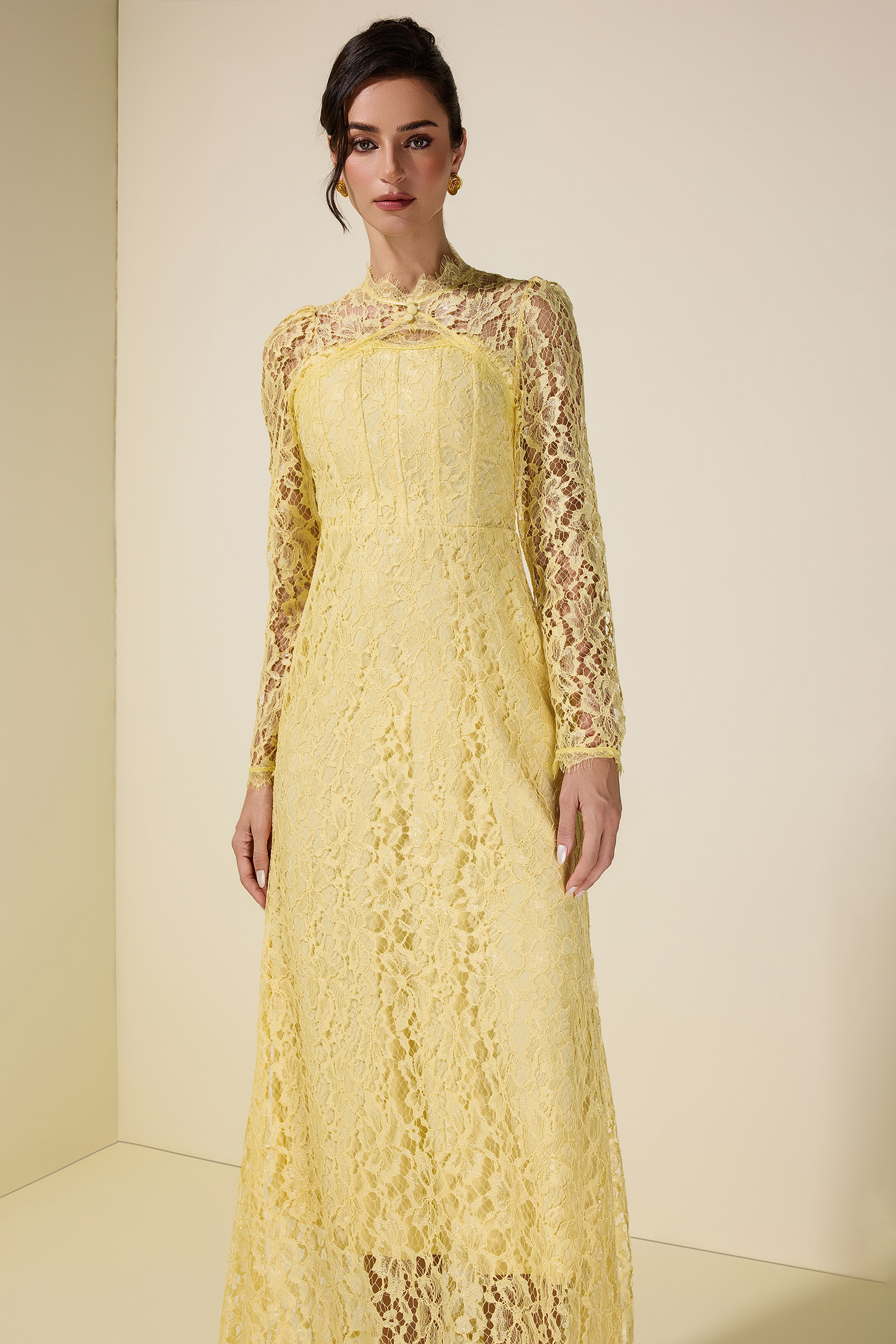 Lace Tie-Up Long Sleeve Maxi Dress