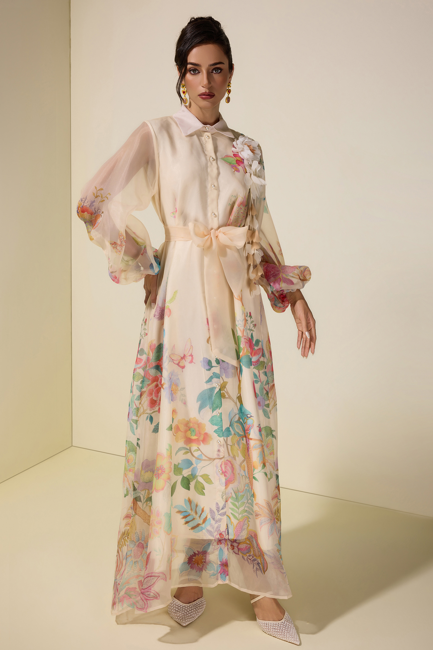 Floral Puff Sleeve Maxi Dress With Belt