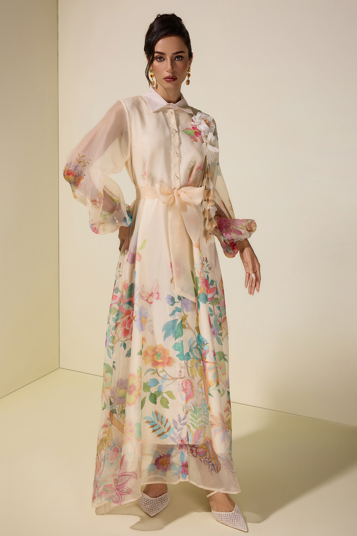 Floral Puff Sleeve Maxi Dress With Belt
