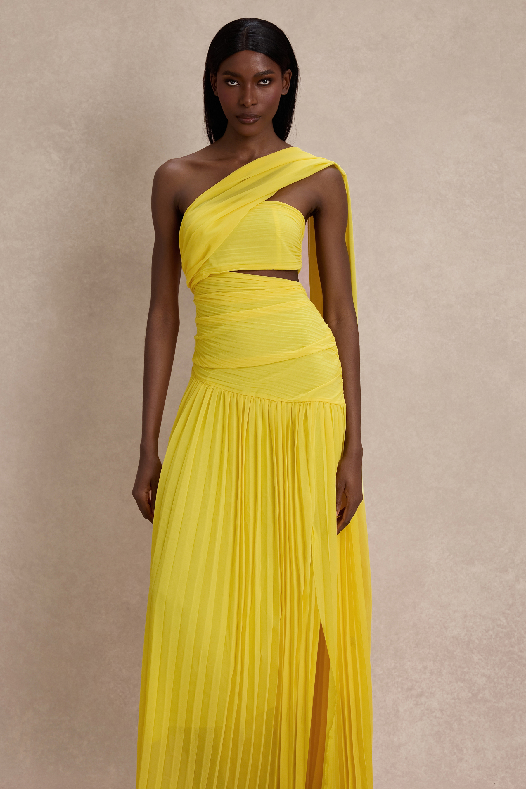 Chiffon Pleated Slit Maxi Dress