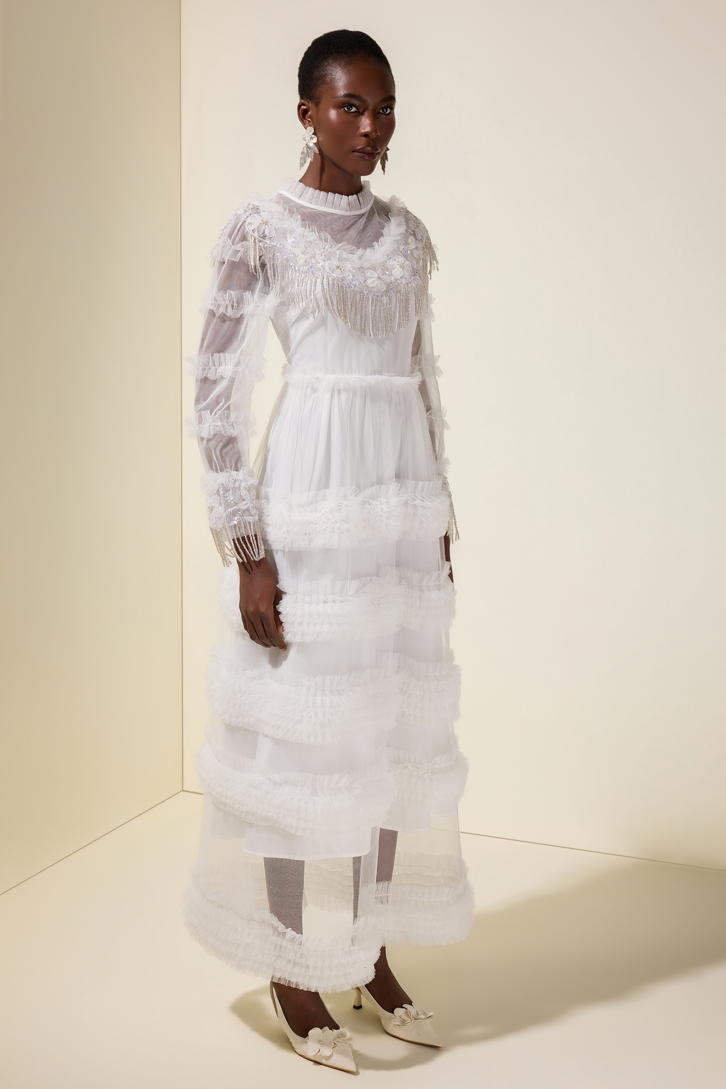 Beaded Frill Round Neck Midi Dress