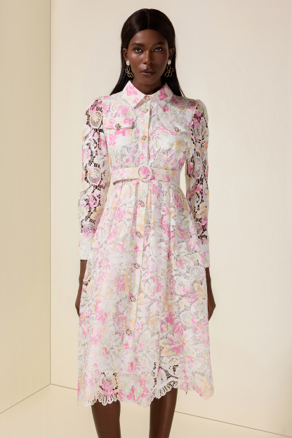 Lace Floral Single Breasted Midi Dress With Belt