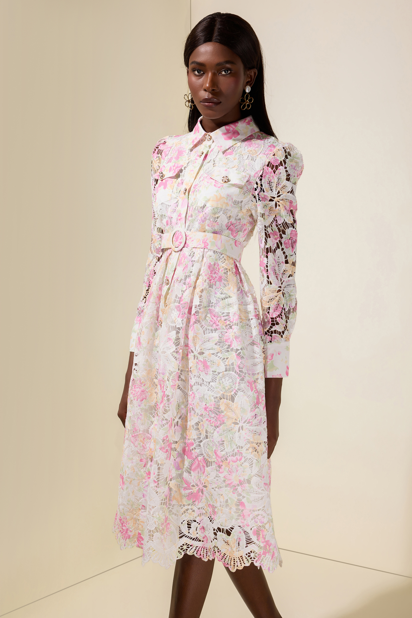 Lace Floral Single Breasted Midi Dress With Belt