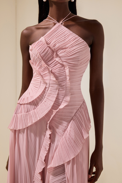 Pleated Frill Halter Neck Midi Dress