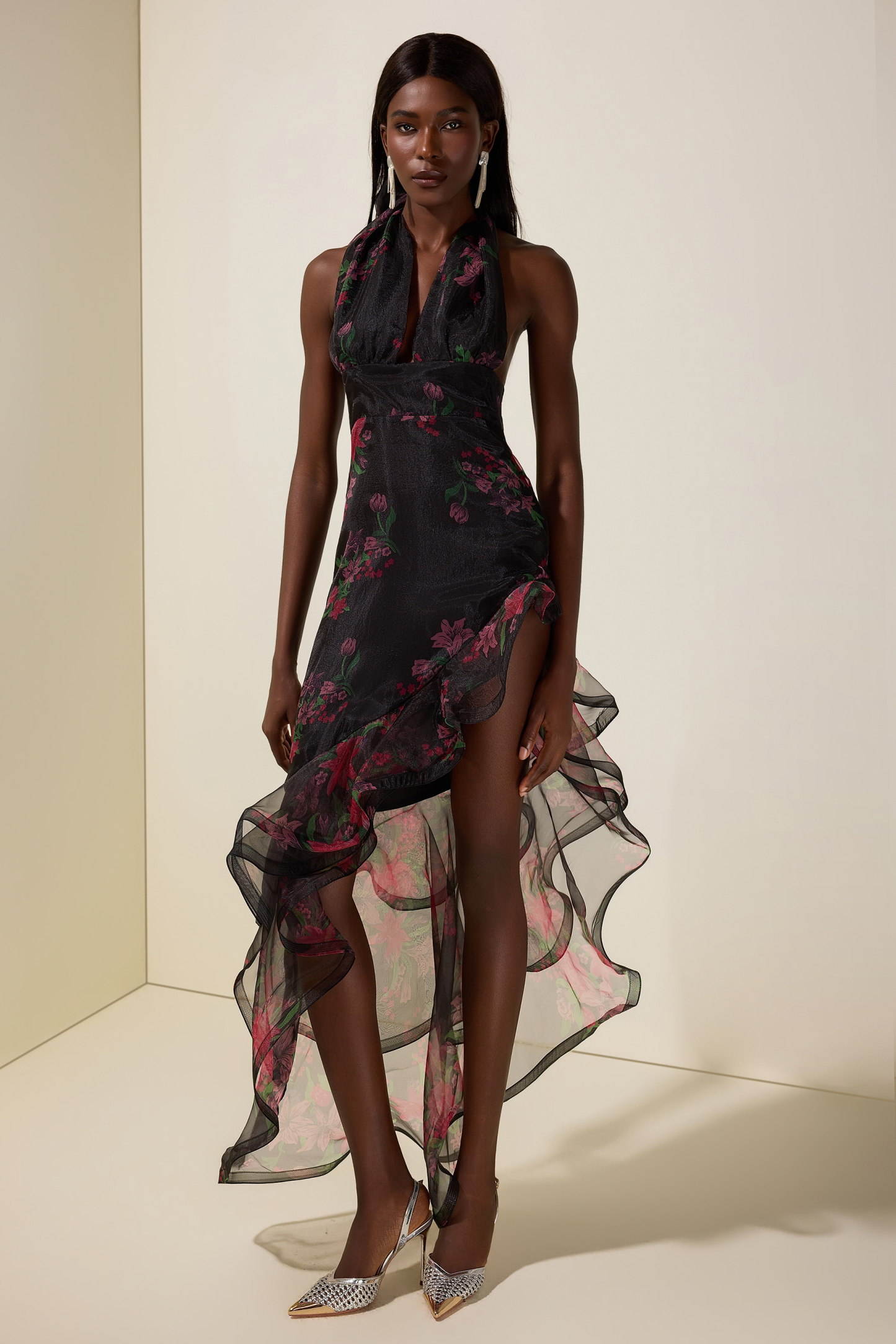 Floral Ruffle Halter Neck Midi Dress