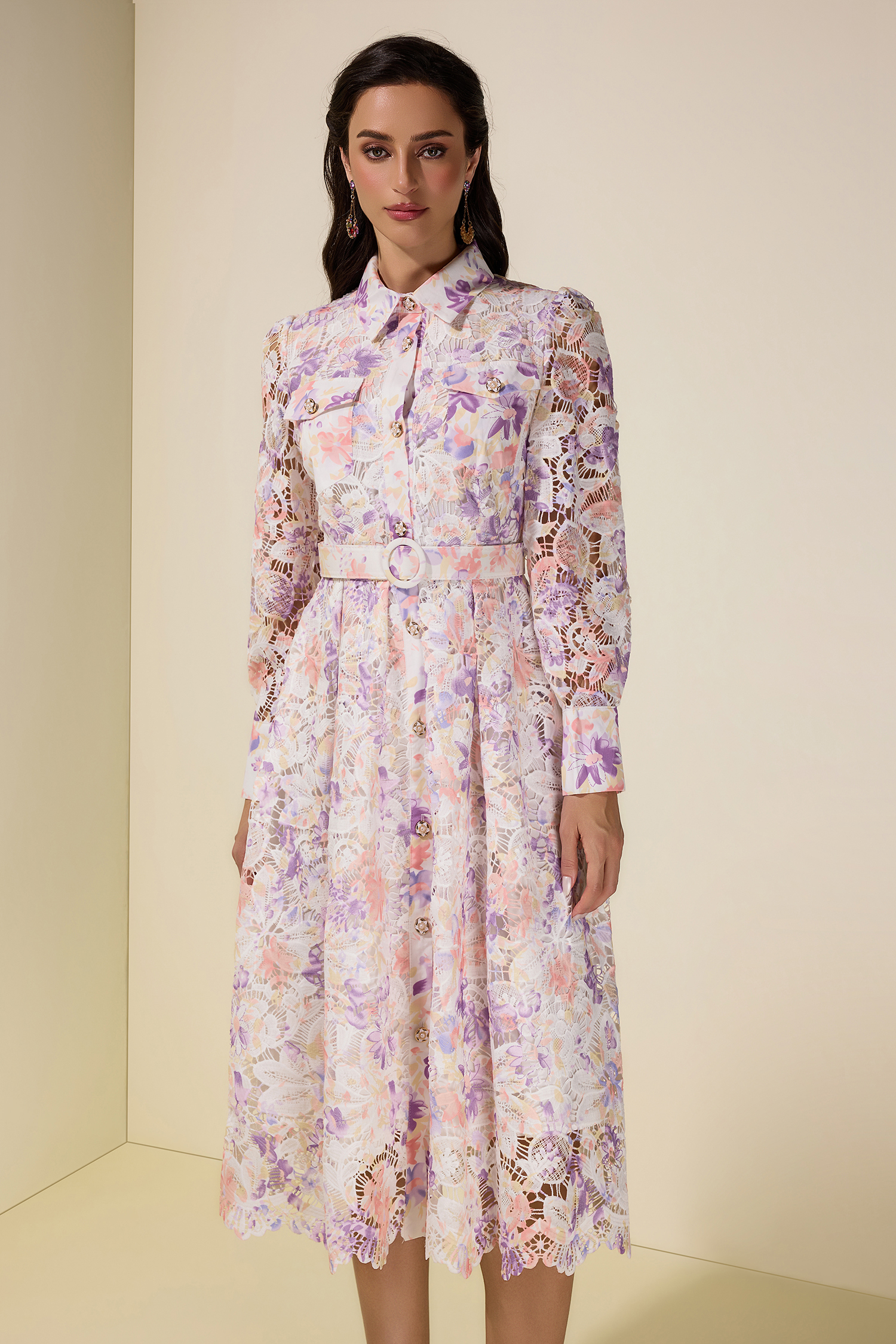Lace Floral Single Breasted Midi Dress With Belt