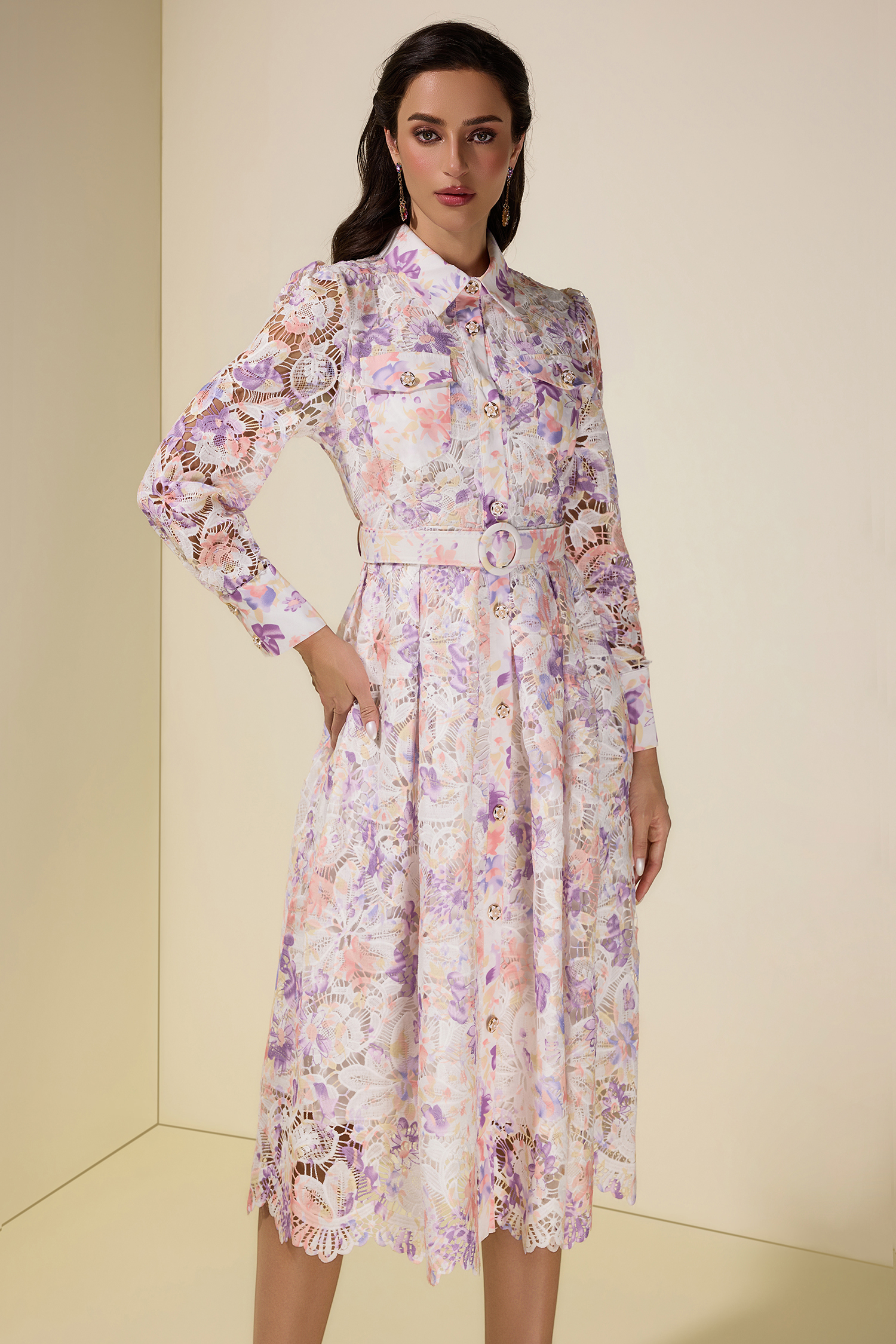 Lace Floral Single Breasted Midi Dress With Belt