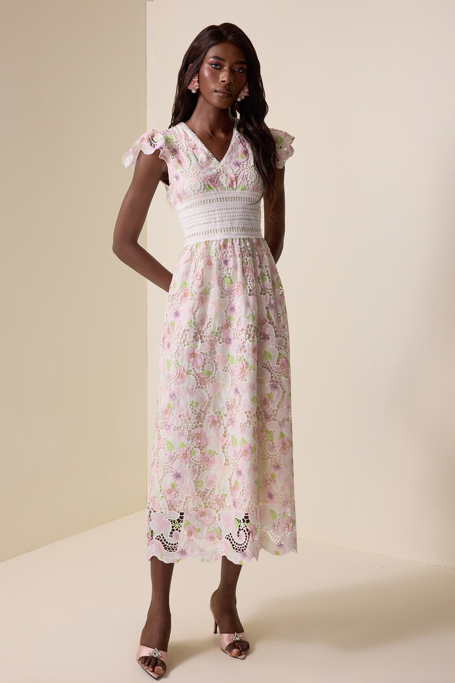 Lace Floral V-Neck Midi Dress