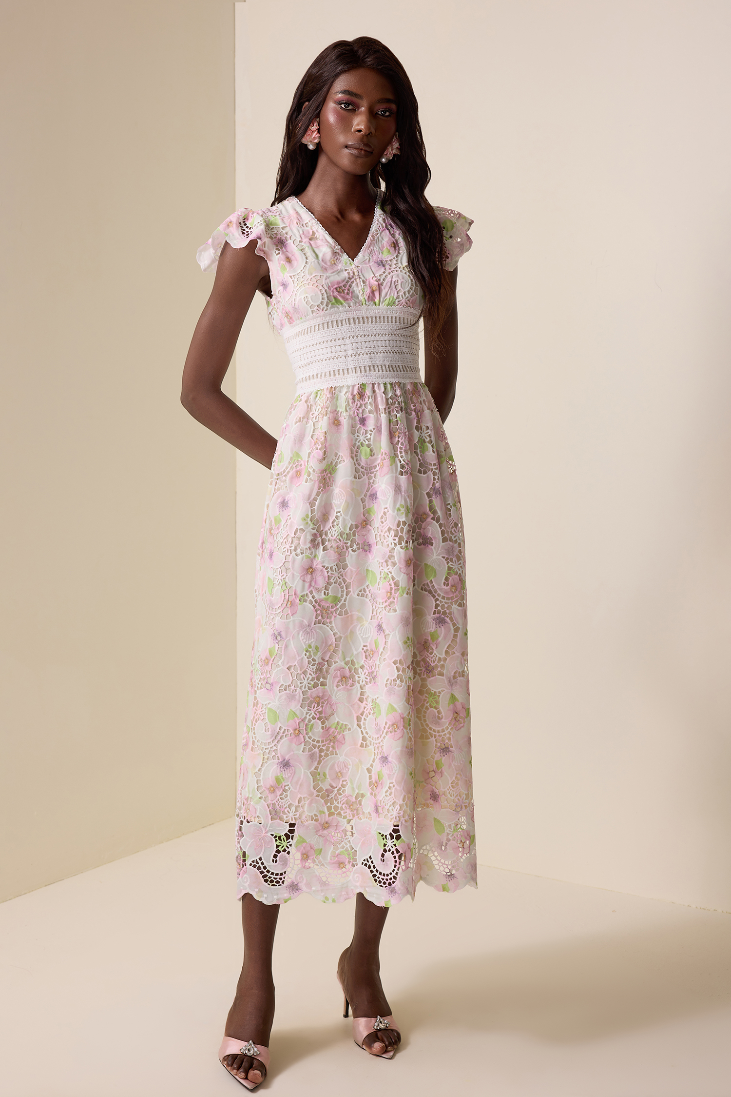 Lace Floral V-Neck Midi Dress