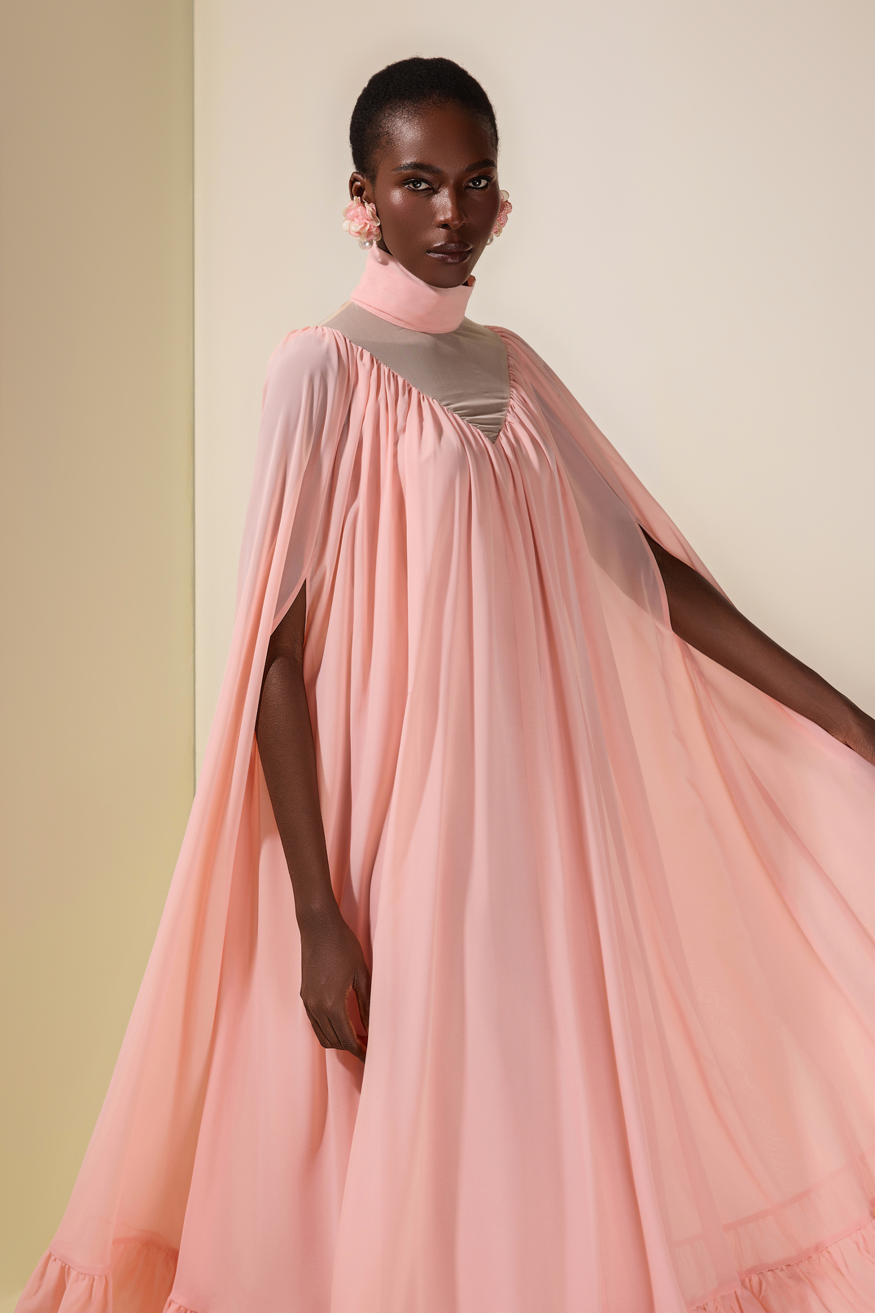 Chiffon Ruffle Cape Sleeve Maxi Dress
