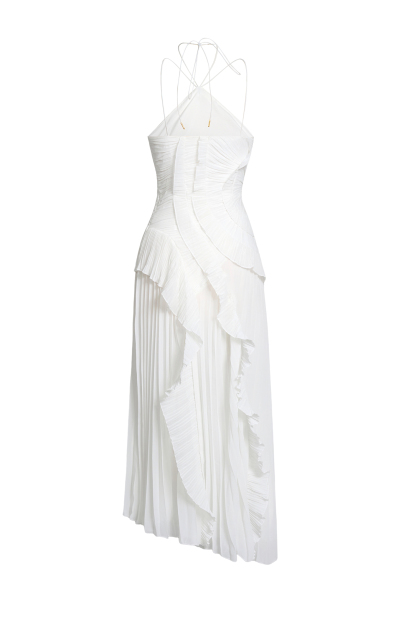 Pleated Frill Halter Neck Midi Dress