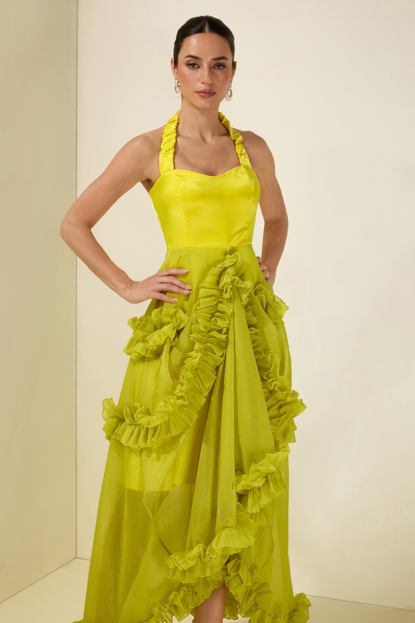 Satin Frill Halter Neck Midi Dress