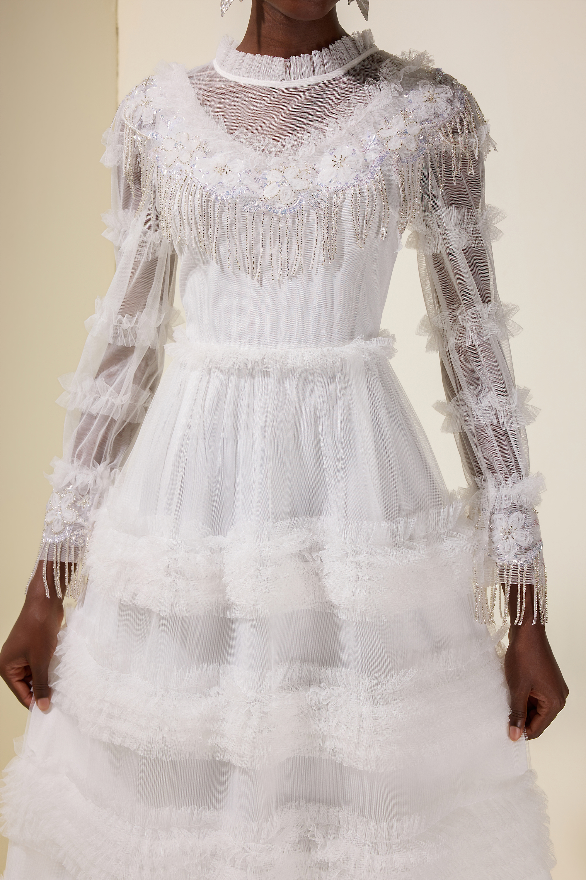 Beaded Frill Round Neck Midi Dress