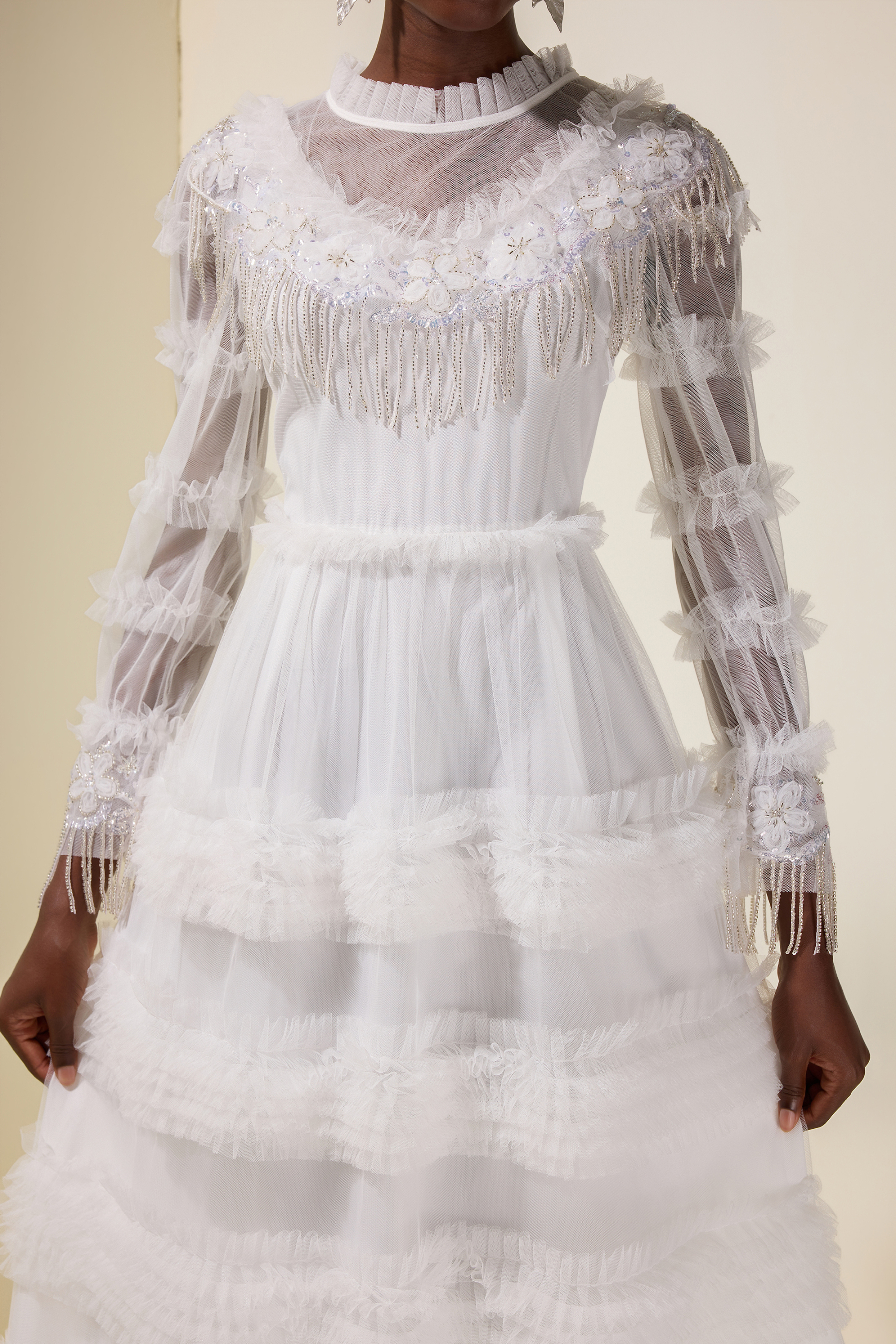 Beaded Frill Round Neck Midi Dress