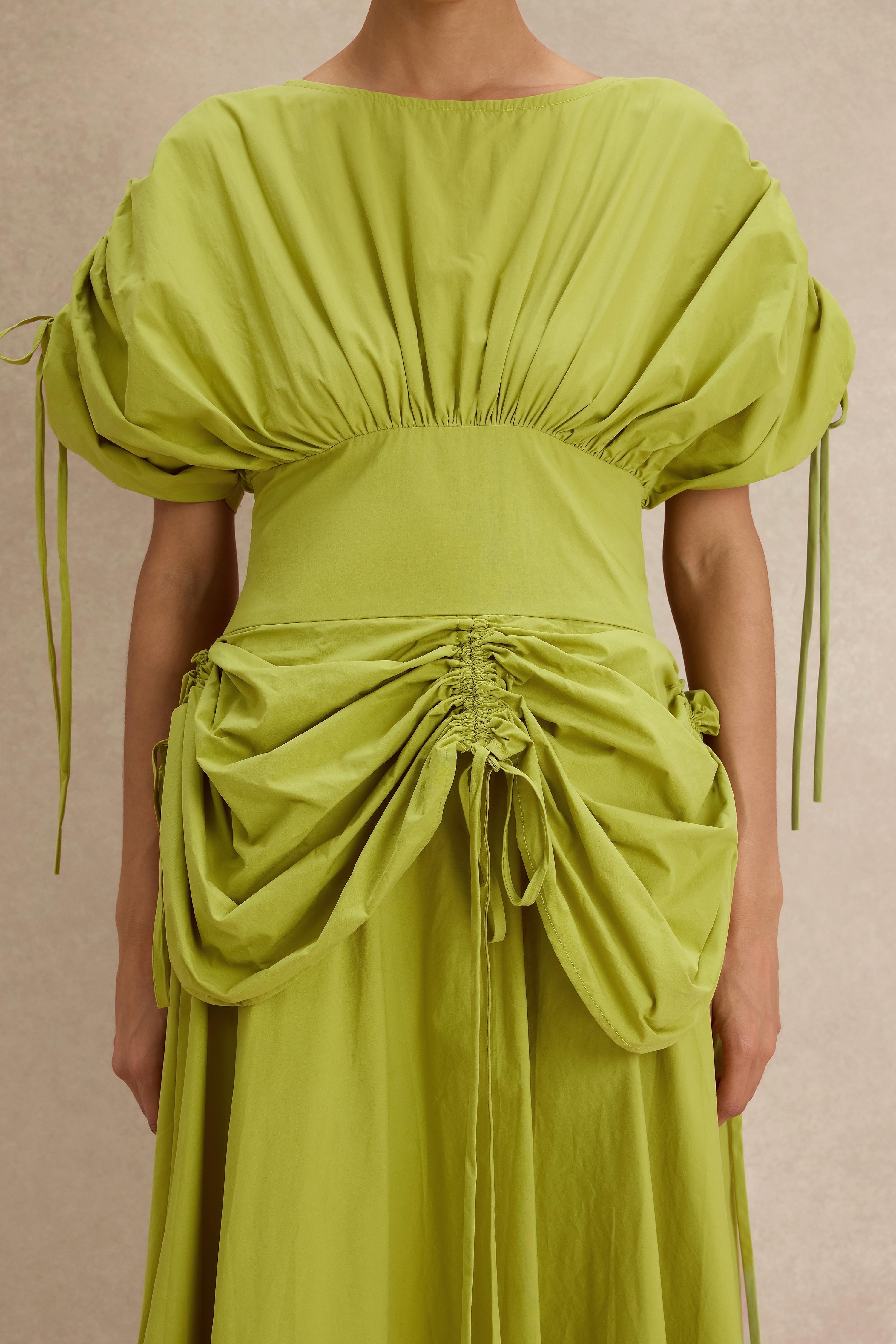 Shirring Batwing Sleeve Gathering Midi Dress