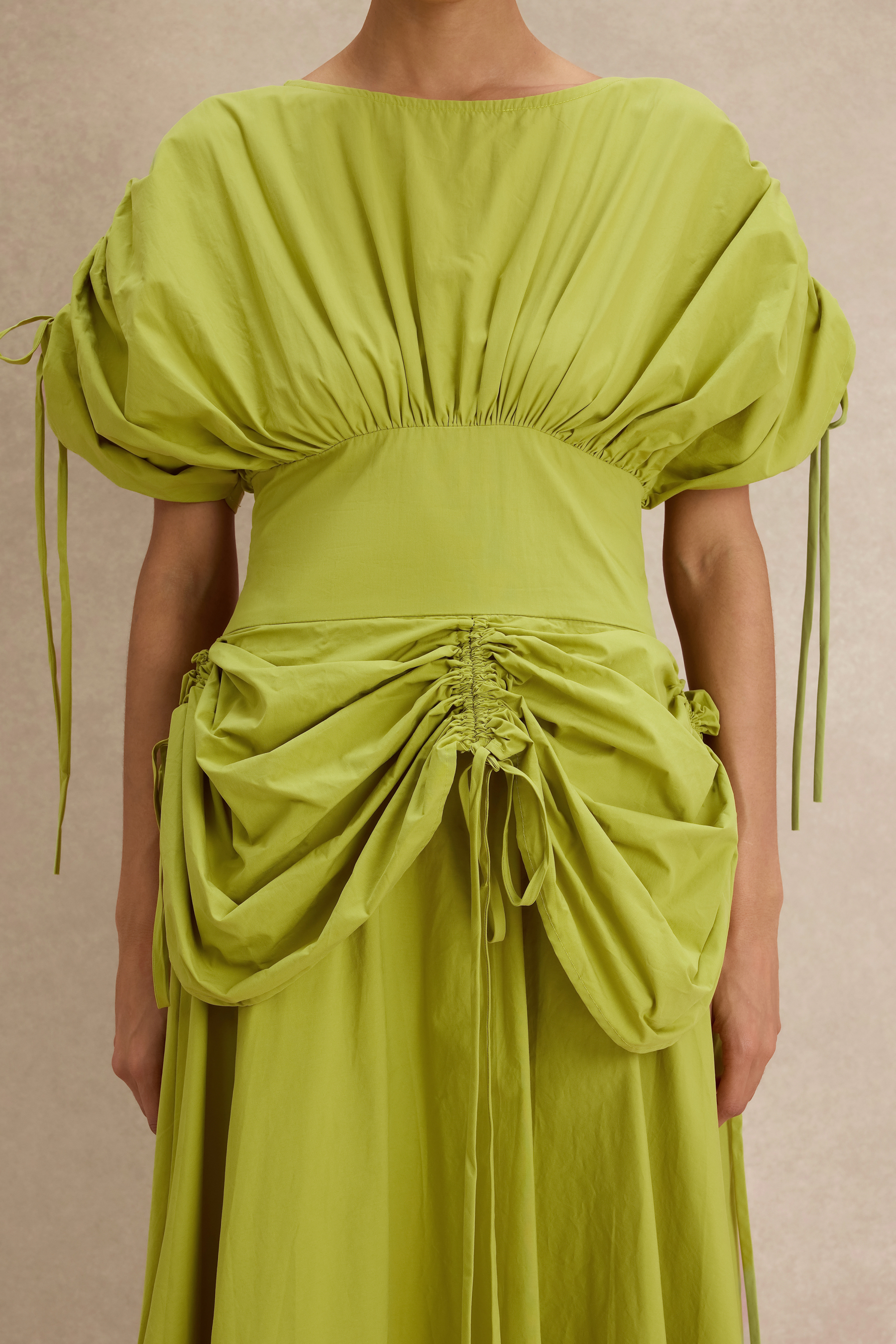 Shirring Batwing Sleeve Gathering Midi Dress