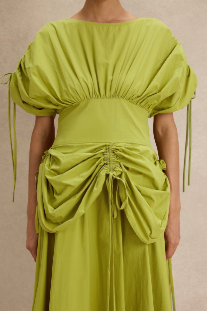 Shirring Batwing Sleeve Gathering Midi Dress