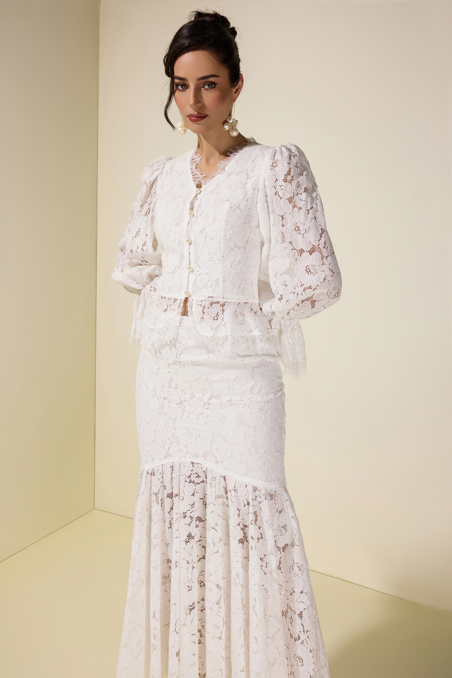 Lace Faux Pearl Button Top & Fishtail Midi Skirt Set