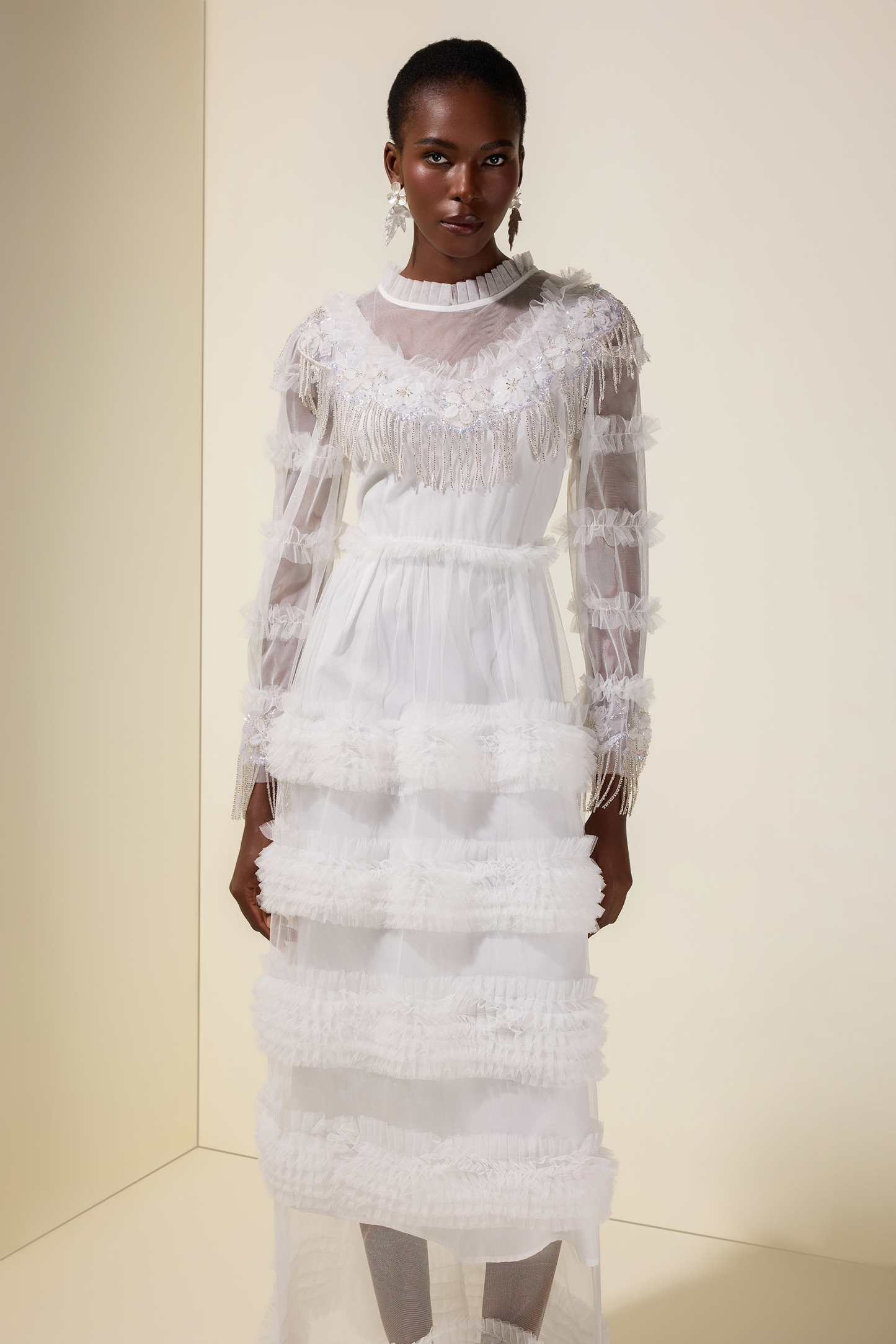 Beaded Frill Round Neck Midi Dress
