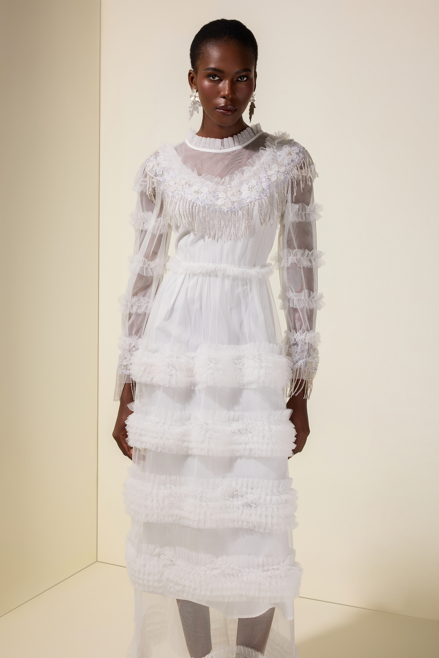 Beaded Frill Round Neck Midi Dress