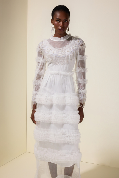 Beaded Frill Round Neck Midi Dress