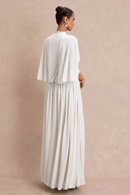 Gathering Metal Decorations Cape Sleeve Maxi Dress